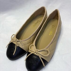CHANEL Beige and Black Quilted Flats